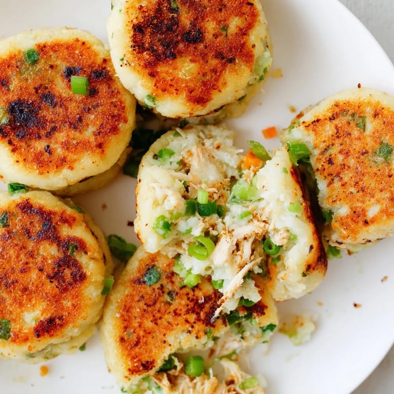 Fresh herbs garnish the golden Potato and Chicken Cakes, a savory, gluten-free main course option.