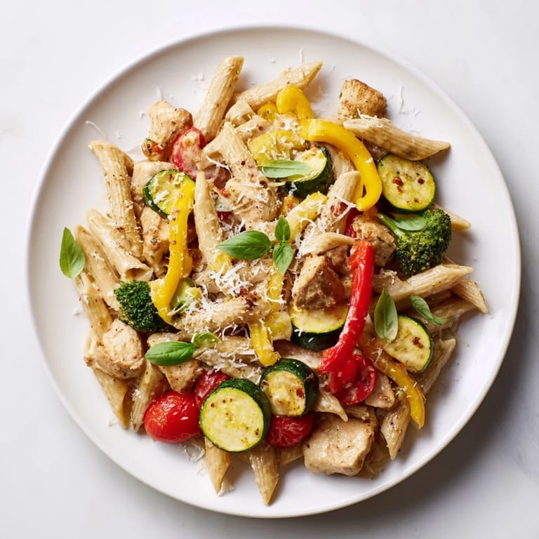 Close-up of a delightful bowl of 5-4-3-2-1 Pasta Primavera, loaded with fresh basil leaves ready to be eaten.
