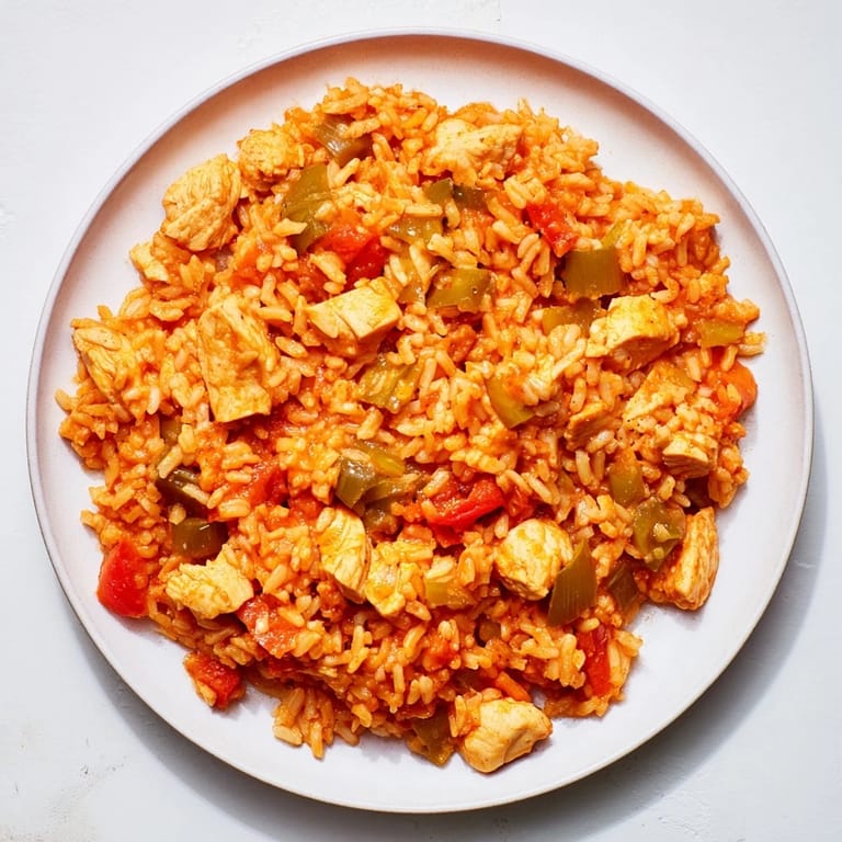 Golden-hued One-Pot Chicken and Rice with mixed vegetables, perfect for a budget-friendly weeknight dinner.