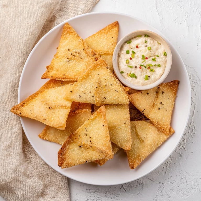 Savory and crispy air fryer lumpia chips served alongside a flavorful, seasoned chicken dip.