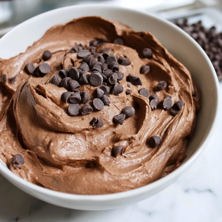 Irresistible gluten-free brownie batter dip, studded with chocolate chips, ready to scoop.