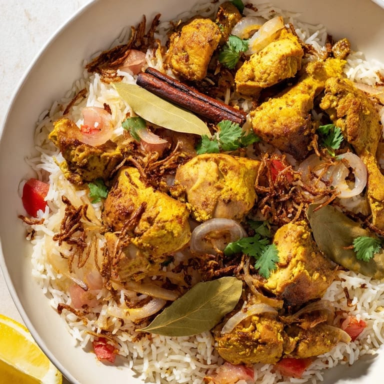 Aromatic Easy Chicken Biryani, showcasing fluffy basmati rice and savory chicken garnished with cilantro.