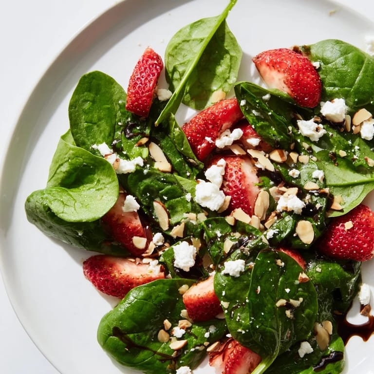 Fresh, bright Strawberry Spinach Salad is tossed with tangy dressing and crunchy nuts, perfect for serving.