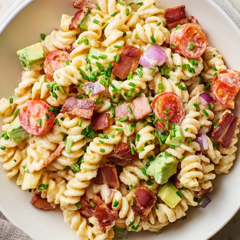 This satisfying BLT Pasta Salad features perfectly cooked pasta tossed with savory bacon and fresh veggies.