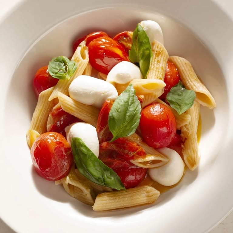 A refreshing bowl of Caprese Pasta Salad with tender pasta and a bright balsamic dressing.