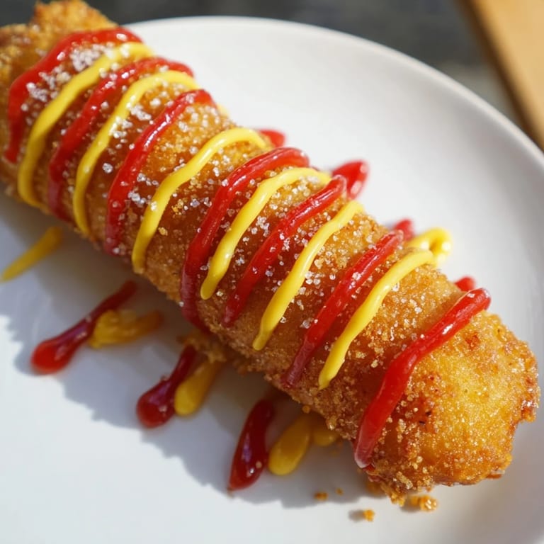 A close-up view of a Cheesy Korean Corn Dog, showing a stretchy cheese pull and crunchy exterior.