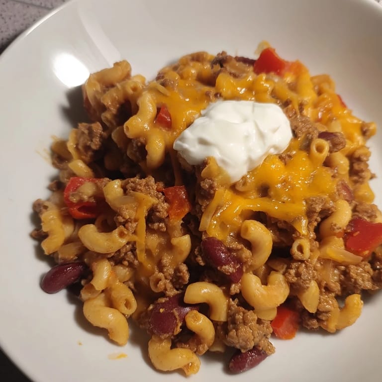 Delicious One-Pot Chili Mac, a comforting, richly-flavored meal with visible pieces of beef and beans.