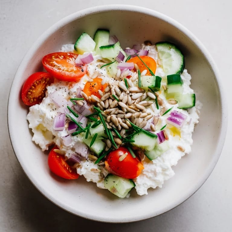 This cottage cheese snack bowl features a colorful medley of fresh vegetables and sunflower seeds in a bowl.
