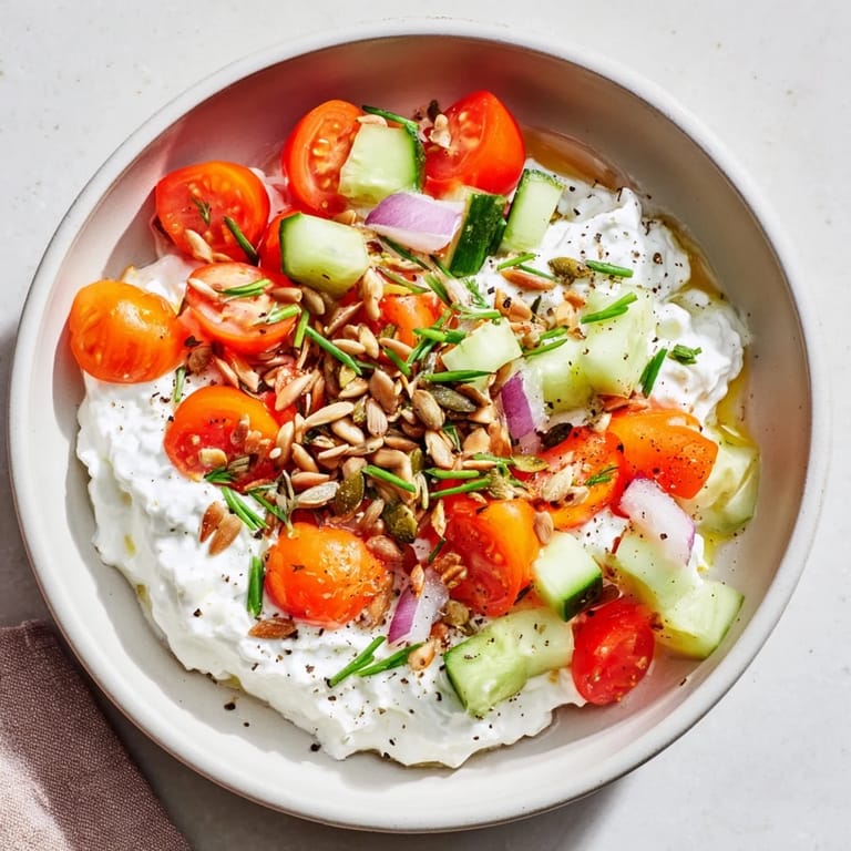 Enjoy the delicious blend: a healthy cottage cheese snack bowl topped with crunchy veggies and seasonings.