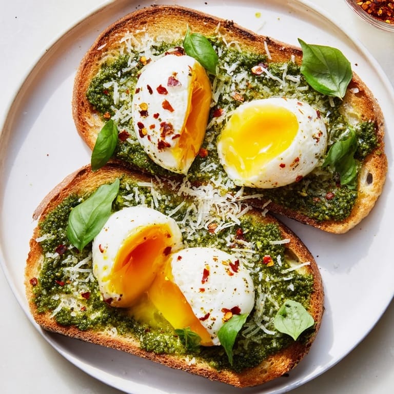 Freshly toasted bread smothers rich pesto, supporting the soft, jammy eggs in this pesto egg toast.