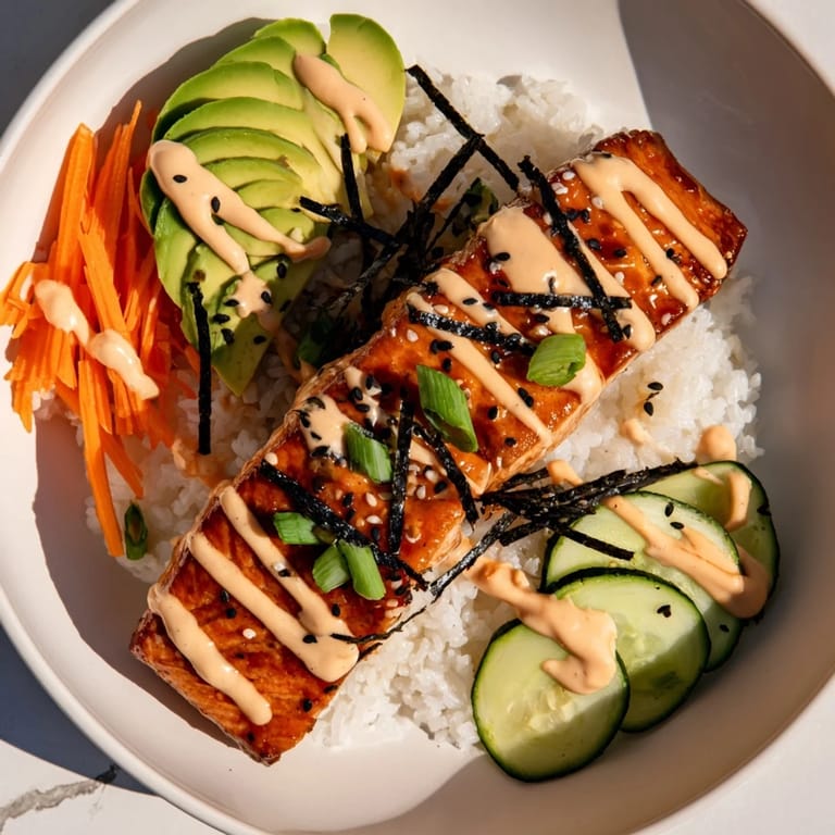 This colorful teriyaki salmon rice bowl features salmon, fresh veggies, and creamy sriracha mayo, delicious!