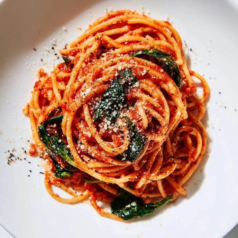 A photo of Quick Marinara Pasta with Spinach, vibrant red sauce coating perfectly cooked pasta.