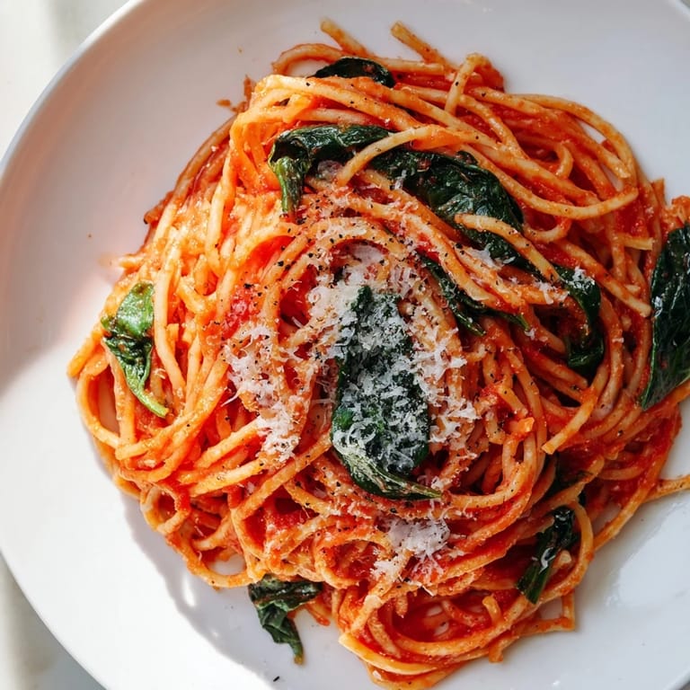 Easy Quick Marinara Pasta with Spinach topped with Parmesan; a delicious vegetarian dinner ready.