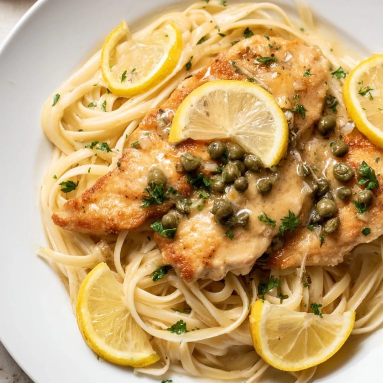 A close-up of quick chicken piccata pasta, showcasing the tender chicken and glistening sauce over pasta.