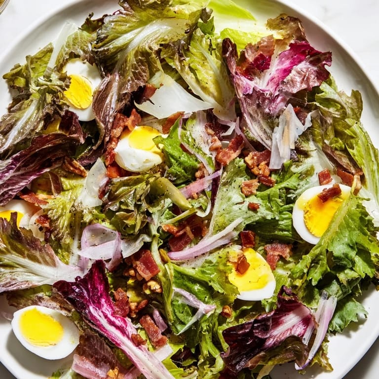Savory Bitter Greens Salad featuring warm bacon dressing, ready to be served and enjoyed at your table.