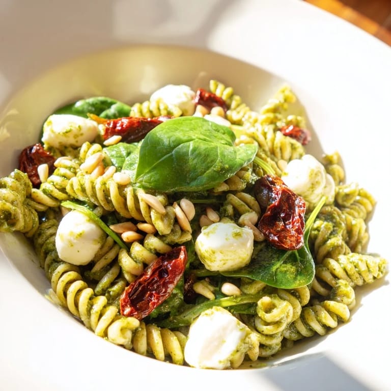 Close-up of freshly made pesto pasta salad, a delightful mix of Italian flavors and textures.