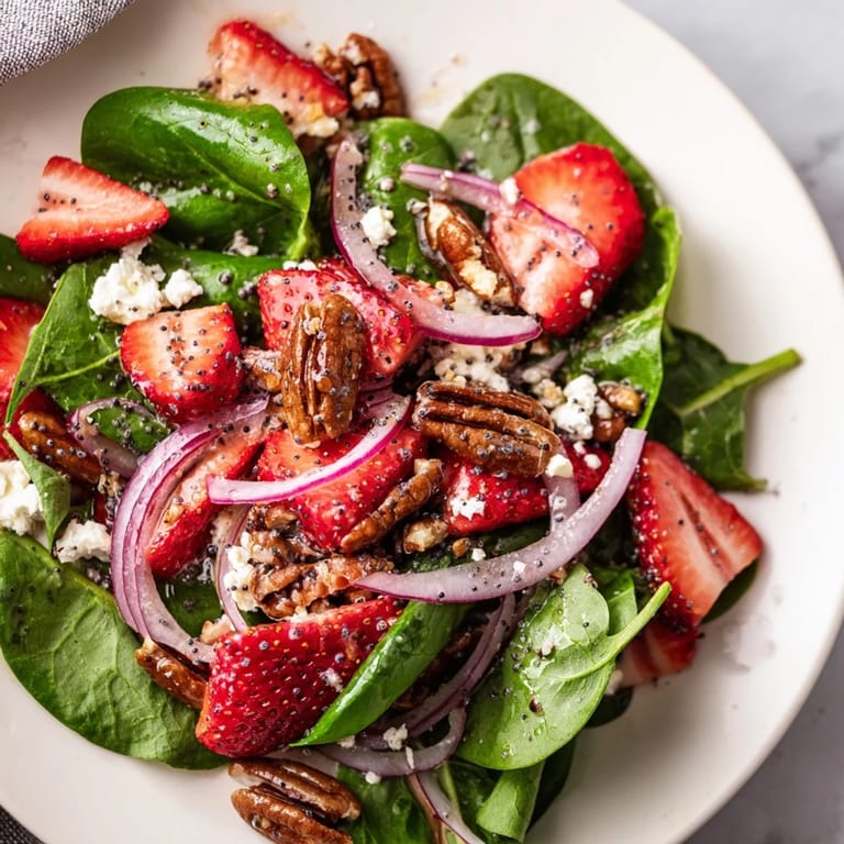 A bright bowl of Strawberry Spinach Salad, ready to eat with a creamy poppy seed dressing.