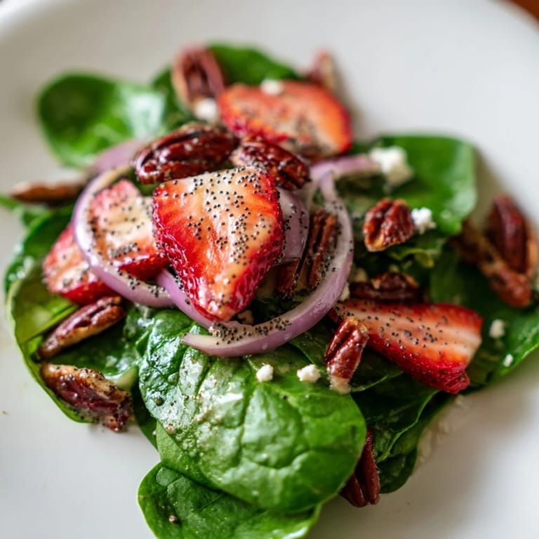 Delicious, refreshing Strawberry Spinach Salad topped with crunchy pecans and crumbled feta cheese.