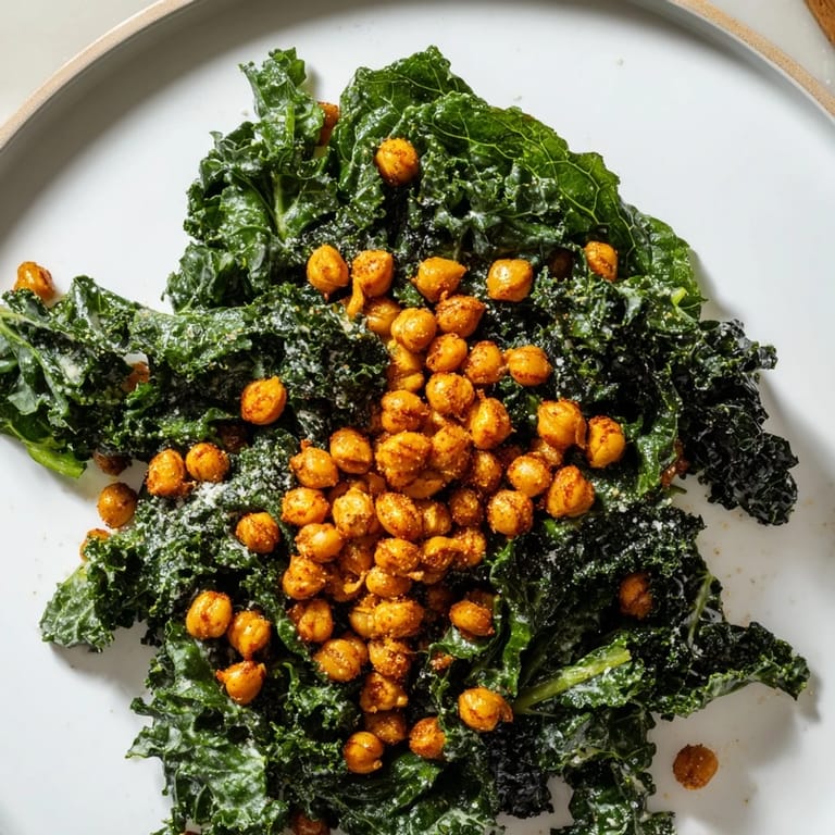 Enjoy a close-up of this delicious Warm Kale Salad with crispy chickpeas, ready for a healthy meal.