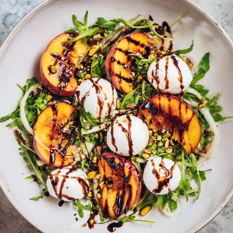 A beautiful plate of Grilled Peach Salad featuring balsamic glaze drizzled over burrata and peaches.