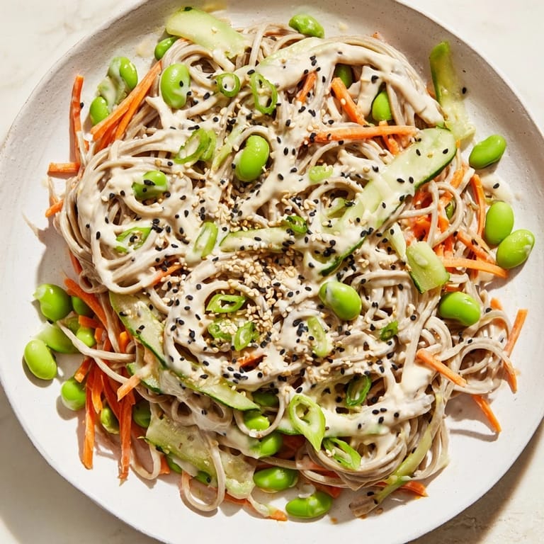 Sesame-covered Asian Sesame Noodle Salad: a refreshing vegetarian lunch with soba noodles and edamame.