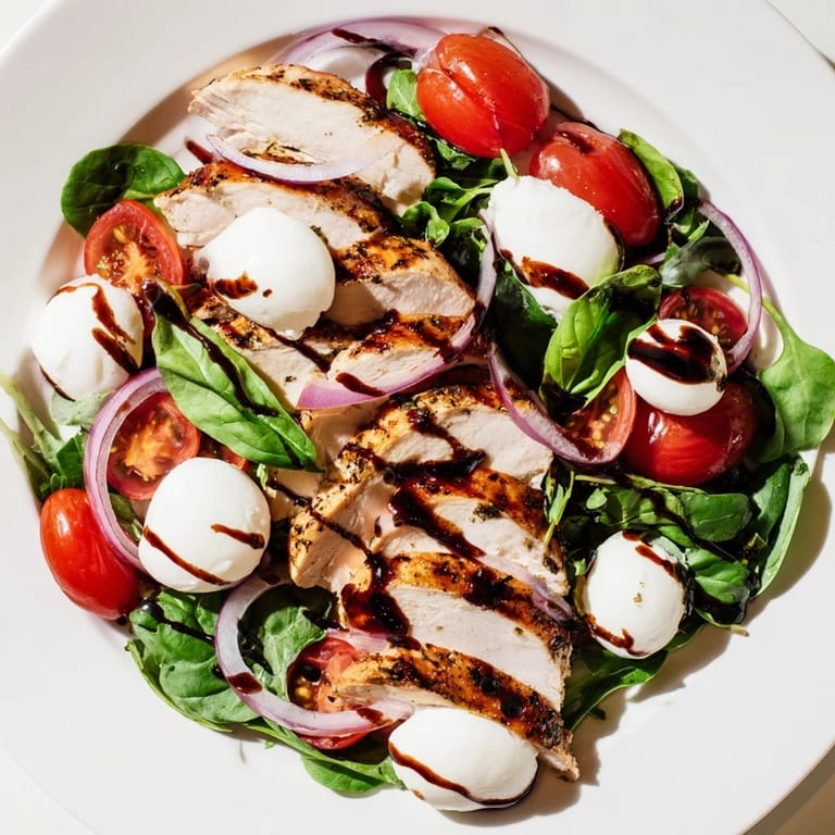 A beautiful plate of Caprese Chicken Salad, showcasing creamy mozzarella, basil, and balsamic drizzle.