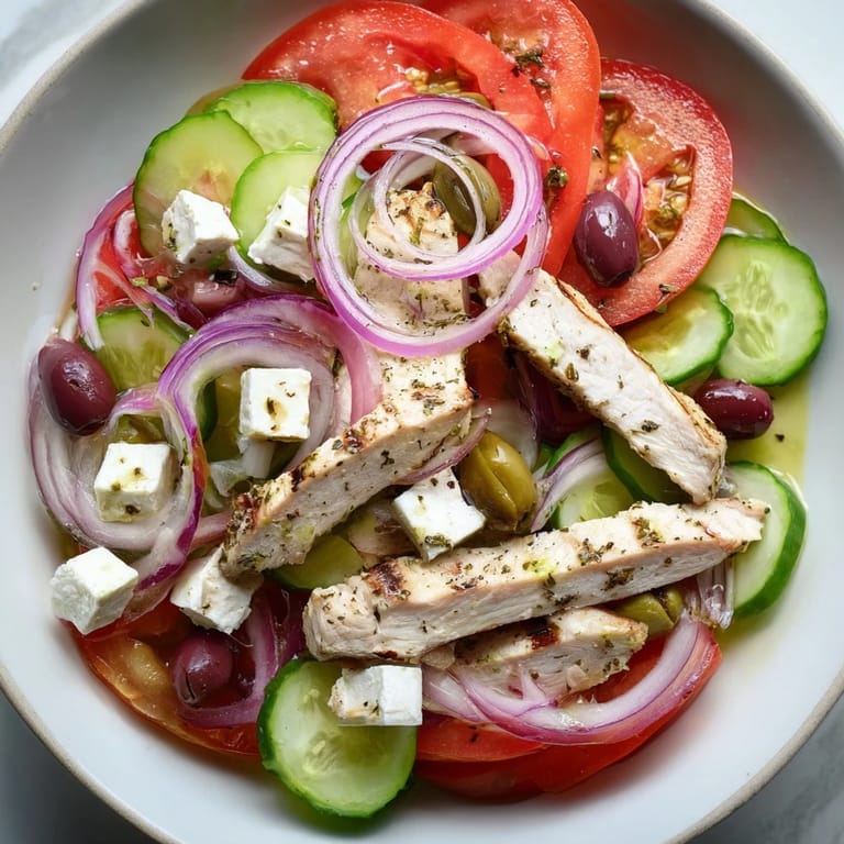 Juicy grilled chicken slices rest atop a refreshing Greek salad with creamy feta and cucumbers.