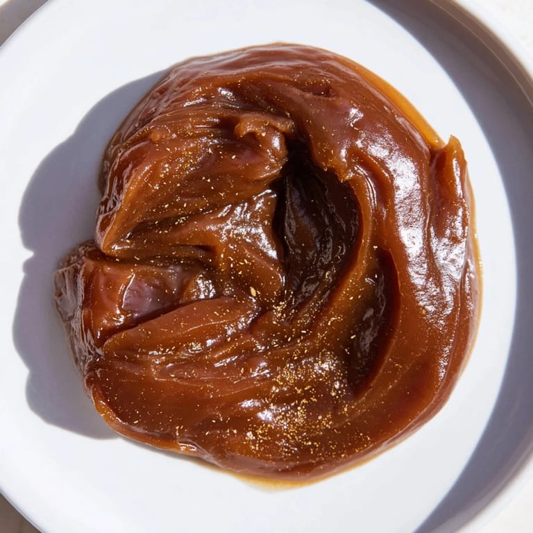Close-up of golden Emirati Al Madrooba, a sweet date paste swirled in a bowl, perfect for dipping.