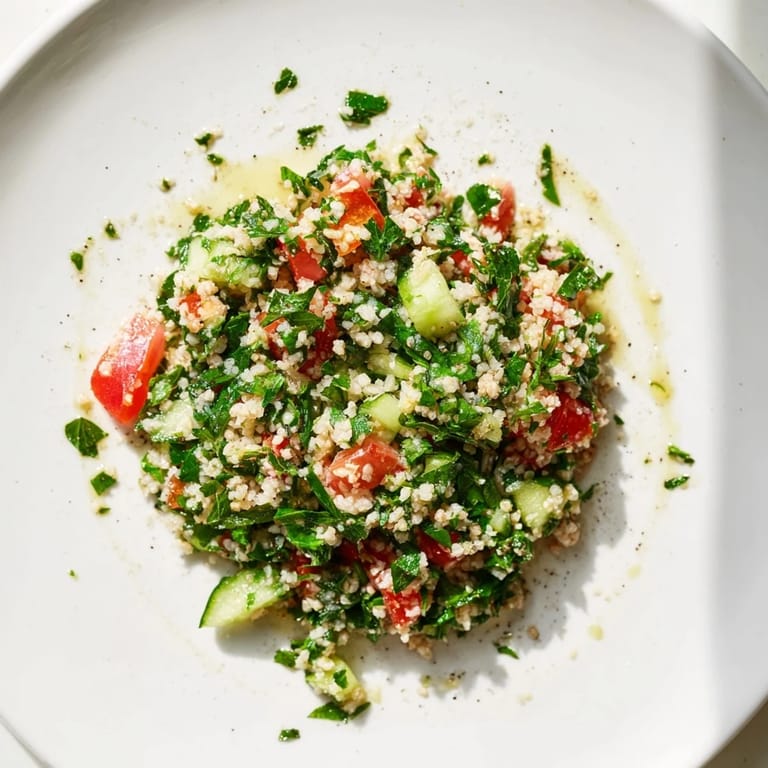 Close-up of a flavorful Lebanese Tabbouleh Salad, showing the herbs, bulgur, and juicy tomatoes.