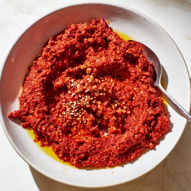 A close-up of delicious Syrian muhammara, a flavorful dip perfect for parties and gatherings.