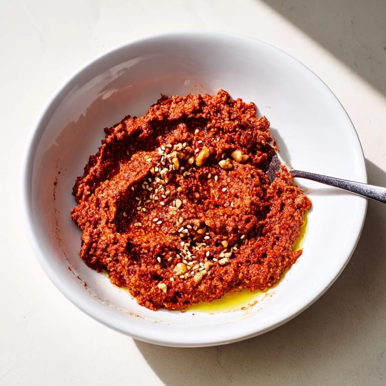 Creamy muhammara dip with bright red color, drizzled with olive oil, ready to serve with pita.