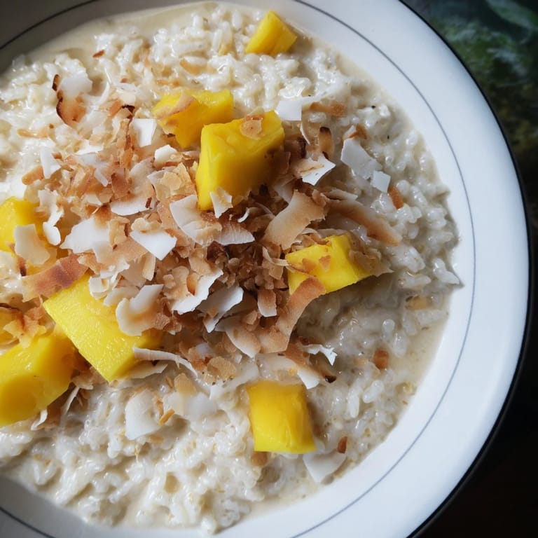 Close-up of fluffy Coconut Rice Sweet beside pineapple chunks and coconut flakes on a wooden table.