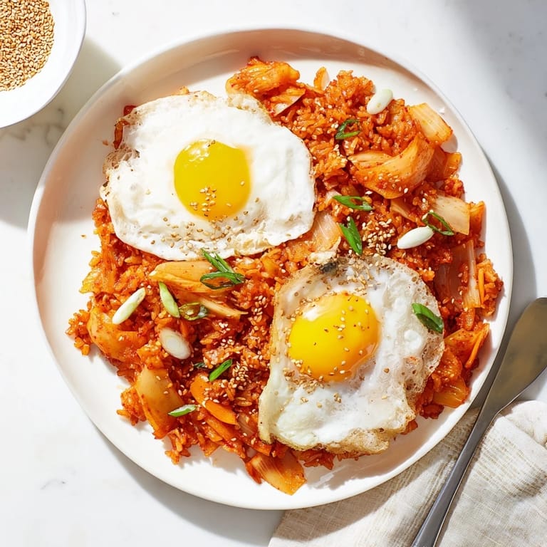 Spicy Kimchi Fried Rice served in a bowl, garnished with green onions and sesame seeds.