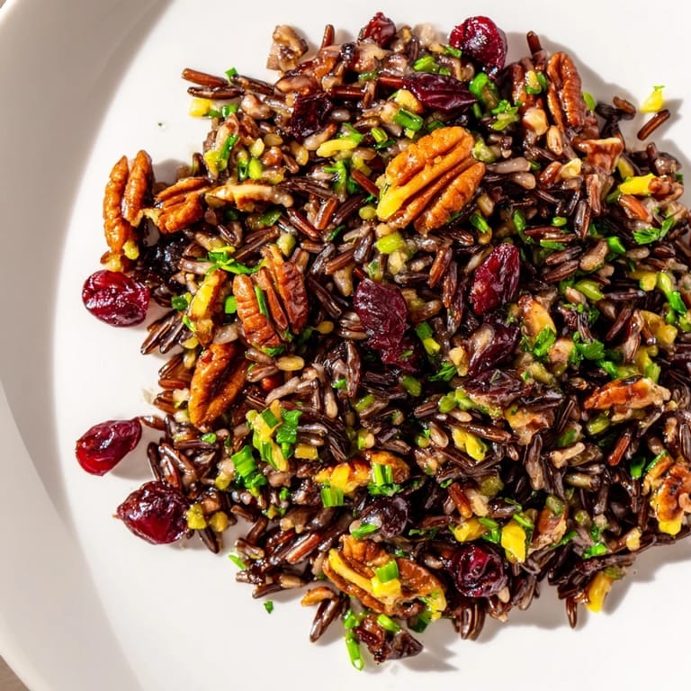 Nutty Wild Rice Harvest Salad tossed with tart cranberries, toasted pecans, and fresh herbs on a rustic table.