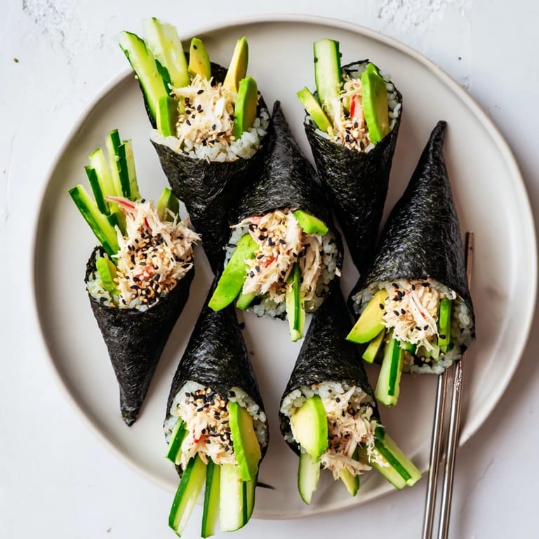 Close-up of a single Sushi Rice Hand Roll held in a hand, showcasing its crispy nori and vibrant fillings. Stacked cucumber matchsticks and a bowl of sushi rice are in the background. This highlights the easy, handheld meal for lunch.