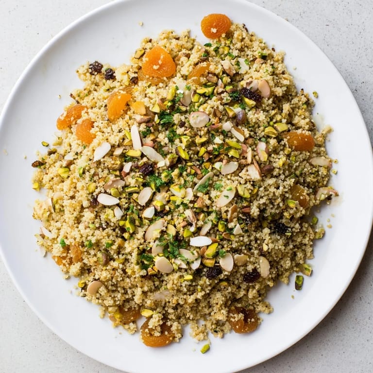 Hearty couscous pilaf infused with cumin and cinnamon, garnished with pistachios and fresh mint leaves.