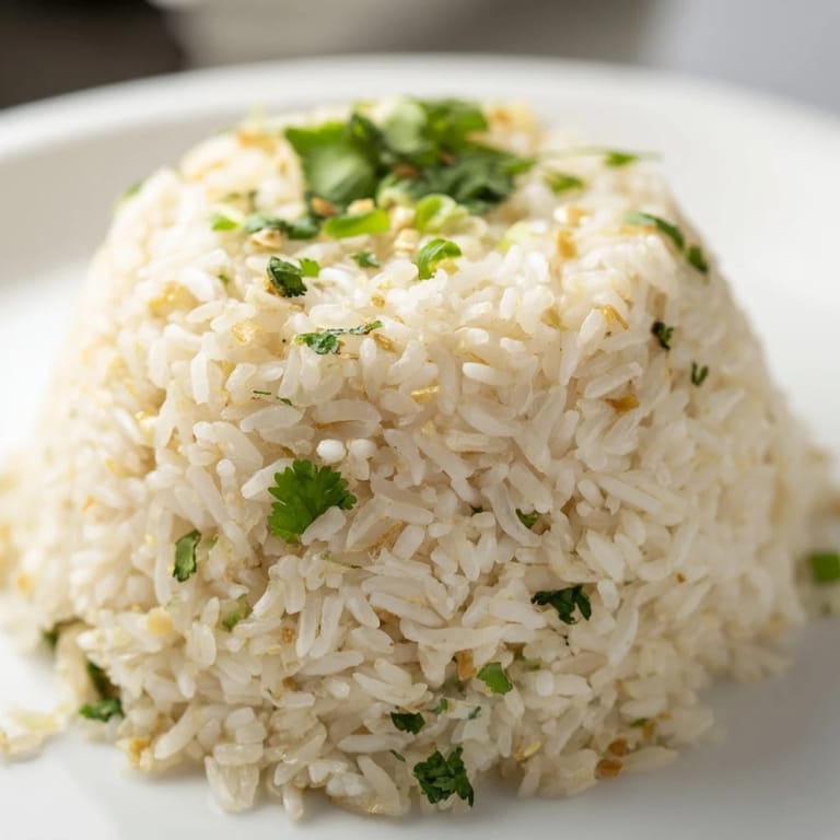 Jasmine rice garlic side dish with golden garlic bits and green scallions, perfect for Asian-inspired meals.