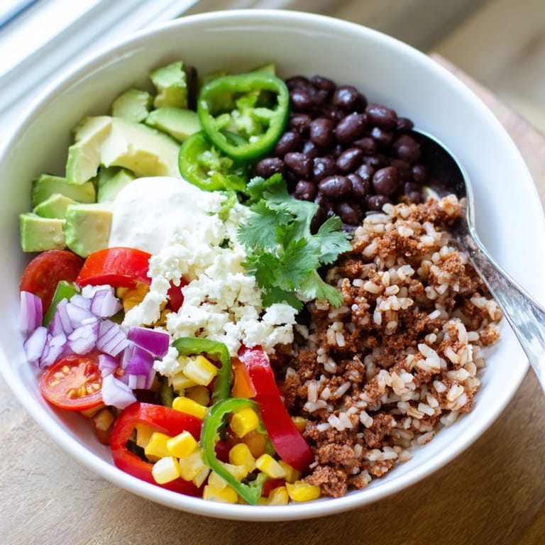 Close-up of a burrito bowl with brown rice, black beans, bell peppers, corn, tomatoes, onion, avocado, queso, and sour cream.  