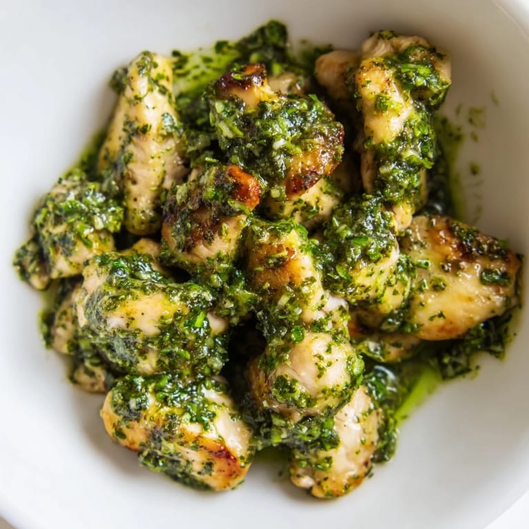 Golden sautéed chicken and bright cherry tomatoes fill a hearty Chicken Pesto Rice Bowl, garnished with toasted pine nuts and a drizzle of basil oil.