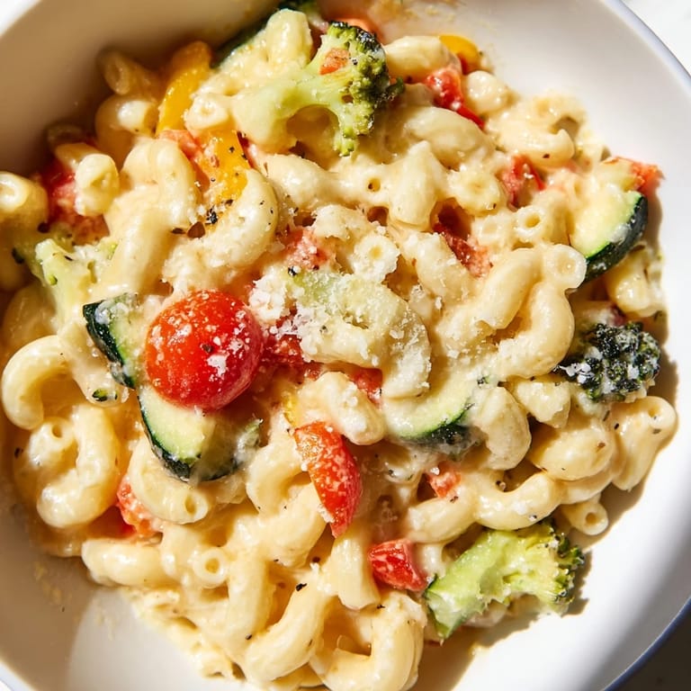 Serving of cheesy macaroni and roasted veggies ready for a comforting weeknight meal.