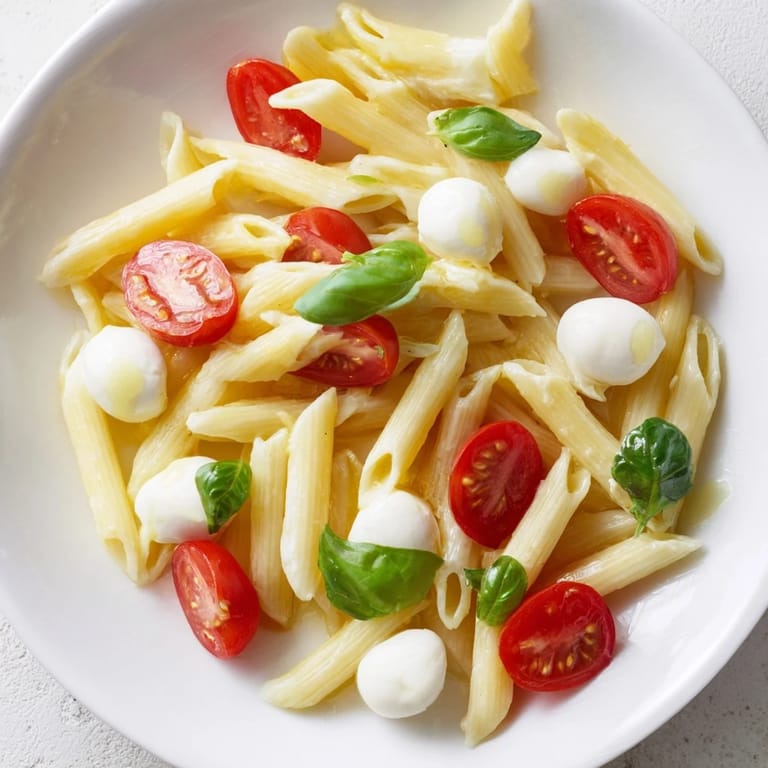 A close-up of Caprese Salad Pasta tossed in olive oil with glistening mozzarella pearls and vibrant cherry tomato halves, garnished with fresh basil.  