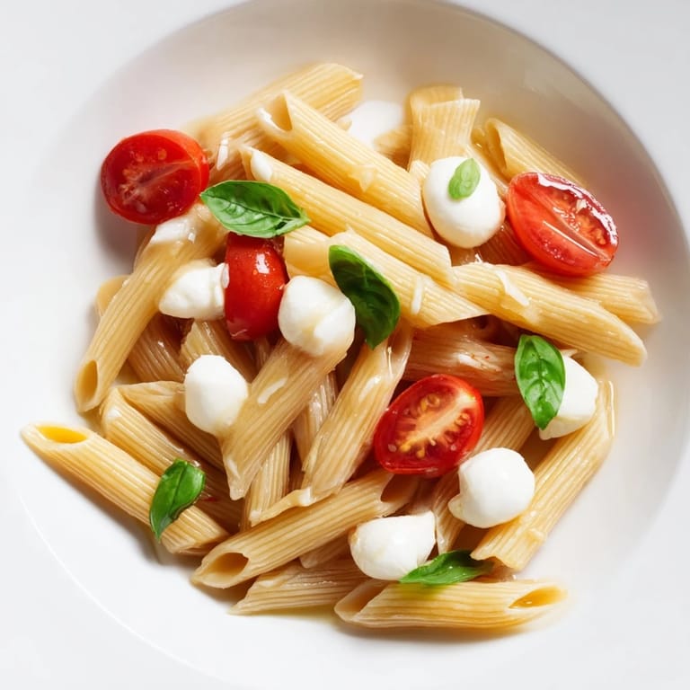 A serving of Caprese Salad Pasta plated with a drizzle of balsamic glaze, showcasing al dente fusilli, tomatoes, mozzarella, and fragrant basil.