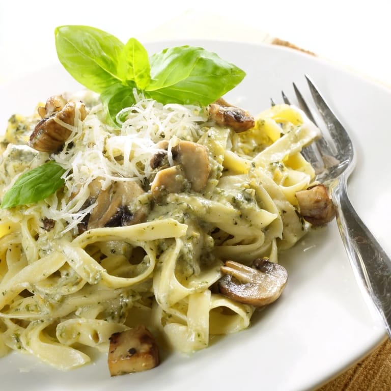 A comforting bowl of Mushroom Pesto Pasta with golden mushrooms, twirled on a fork, ready for dinner.