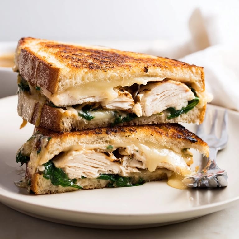 Close-up of a savory Grilled Chicken Spinach Panini, showcasing tender grilled chicken strips nestled between wilted spinach and bubbly Parmesan cheese.