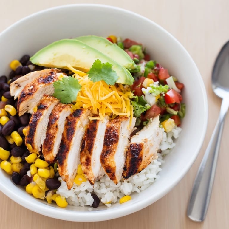 A finished Spicy Chicken Burrito Bowl ready to serve, featuring juicy chicken, cheese, lime wedges, and a scoop of tomato salsa.