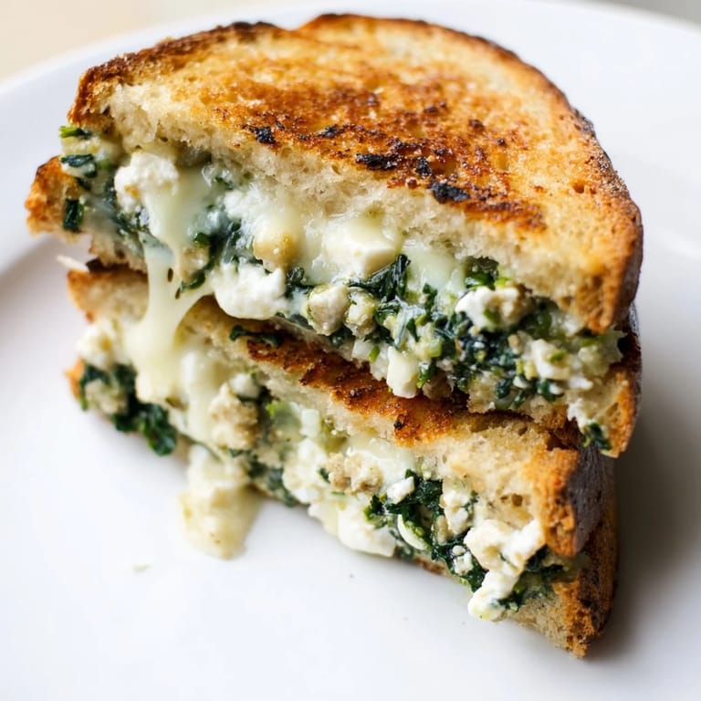 Buttery, golden-brown Feta & Spinach Stuffed Grilled Cheese sliced diagonally on a wooden board, revealing a steamy, melty interior.