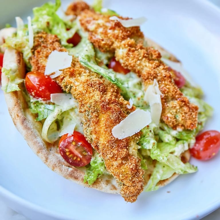 Crispy Chicken Caesar Pita with fresh romaine, shaved Parmesan, and a drizzle of dressing.