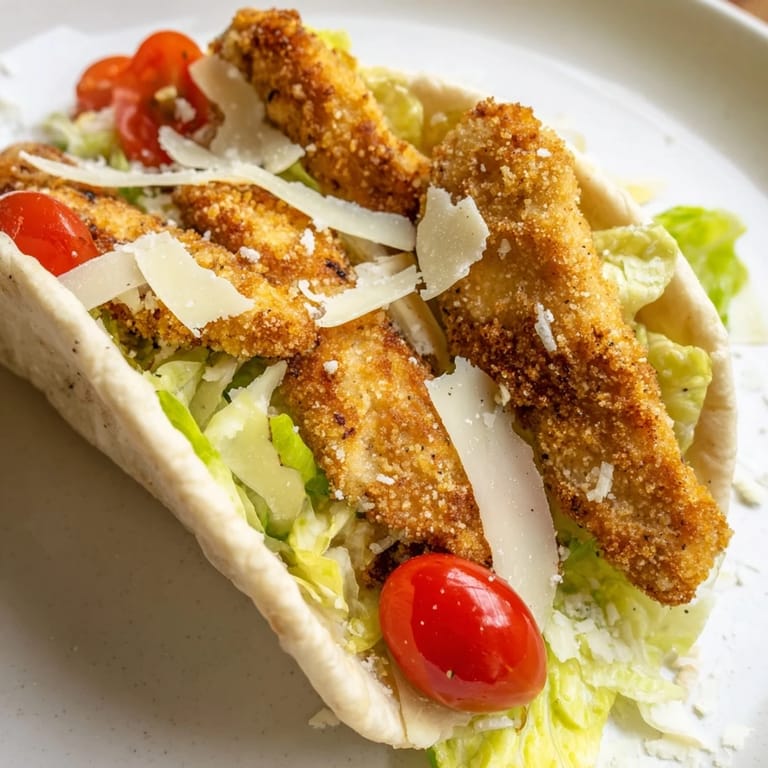 Handheld Crispy Chicken Caesar Pita served with lemon wedges, perfect for a quick, satisfying lunch.