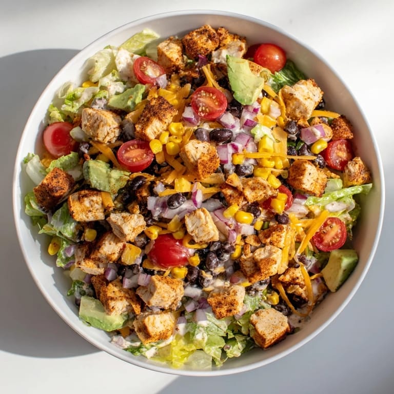 Vibrant Chicken Taco Chopped Salad in a white bowl, featuring black beans, corn, tomatoes, and creamy salsa ranch dressing.