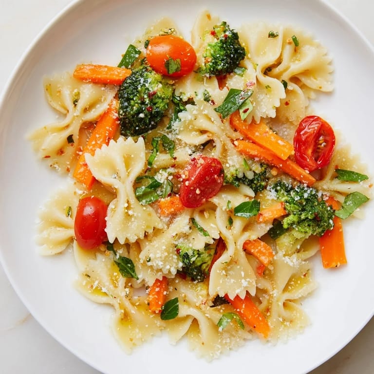 Healthy rainbow veggie pasta primavera featuring al dente farfalle mixed with carrots, broccoli, and bell peppers in a light garlic sauce.